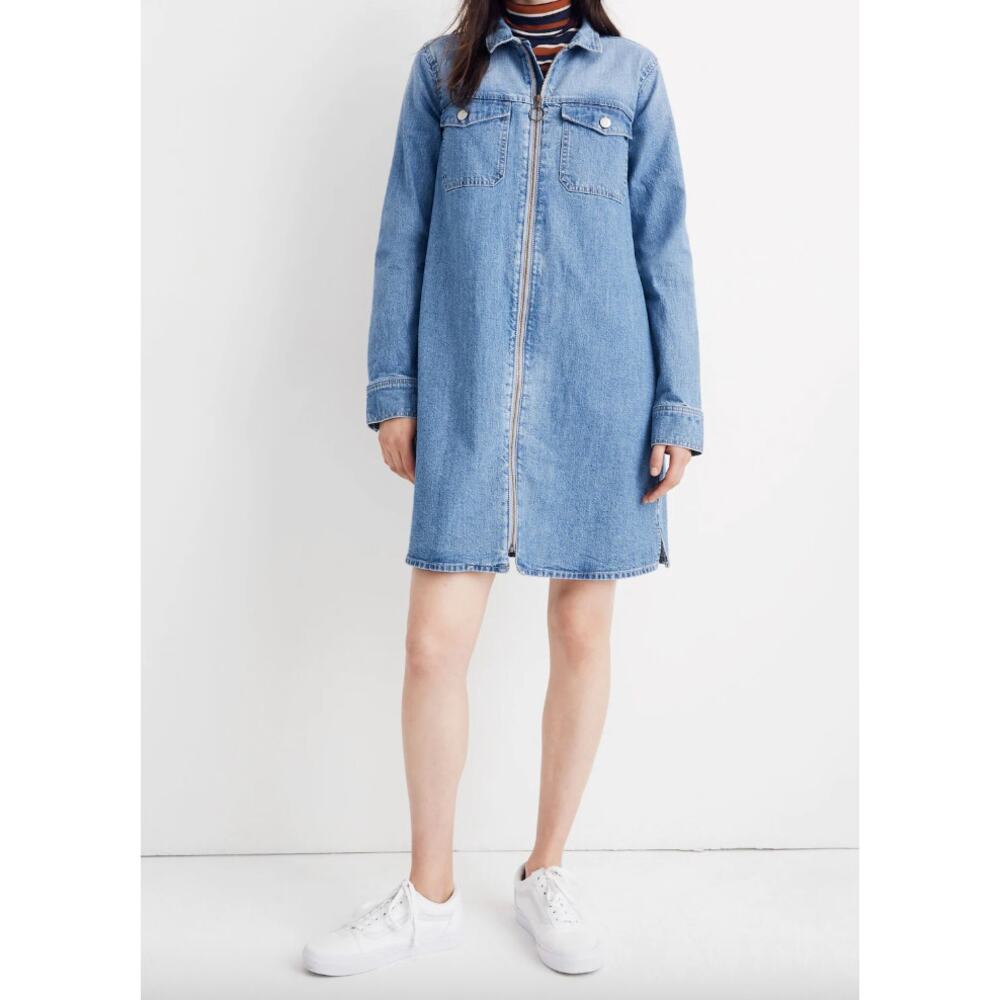Madewell Women's Denim Zip-Front Shirtdress Long Sleeve Mini Blue XS